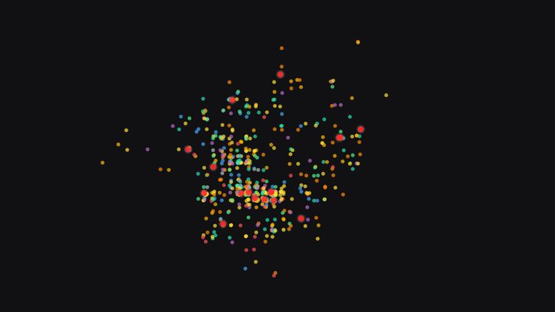 Vista de la cartografía: puntos de colores sobre fondo negro, cada uno un registro de agresión