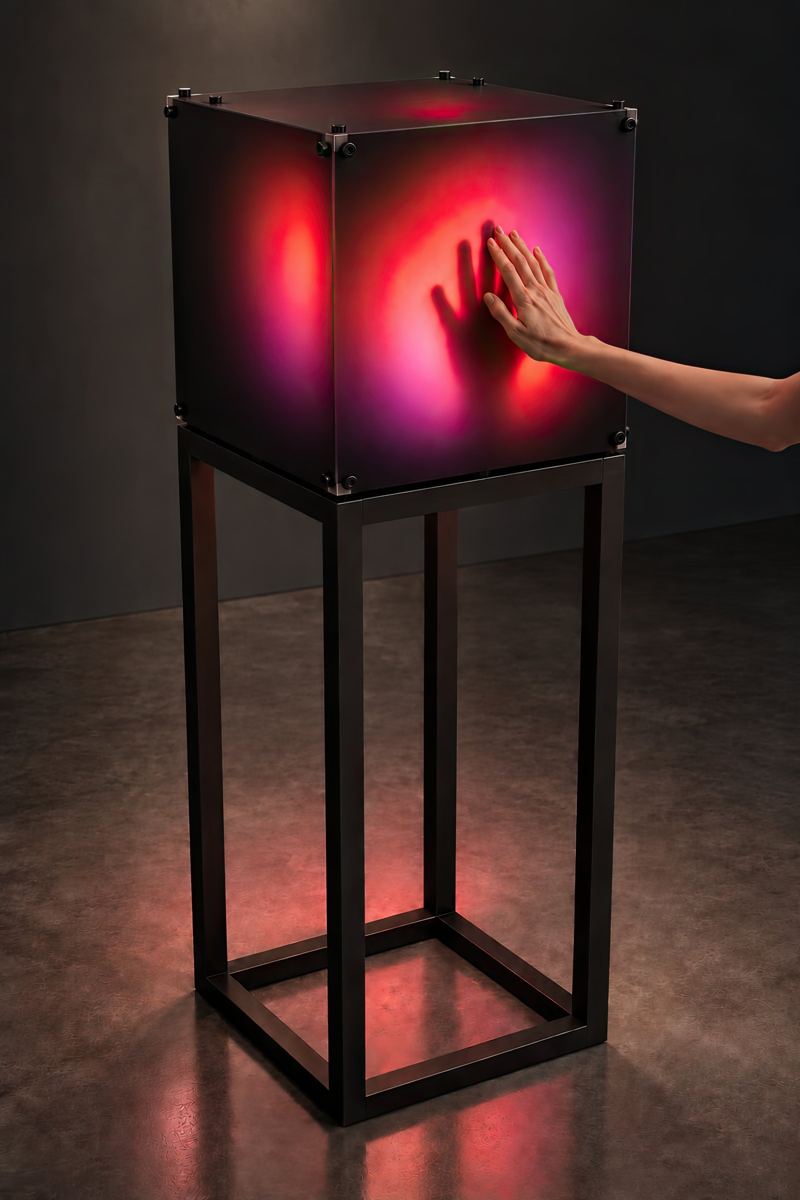 Una mano toca la caja y la luz se vuelve roja