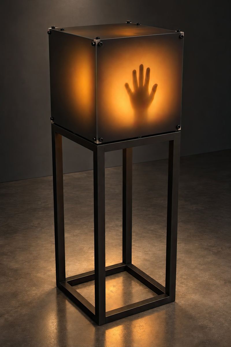 Al acercarse alguien, una luz cálida revela la silueta de una mano detrás del acrílico
