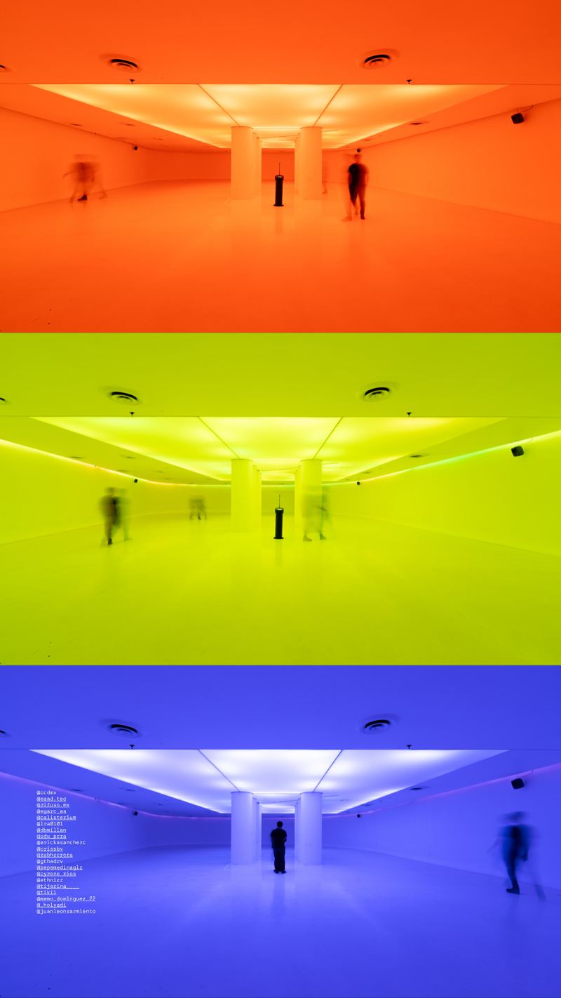 Tríptico de la sala en naranja, verde amarillo y violeta